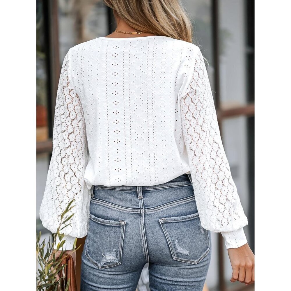Long Sleeve Lace Top Women V-Neck Eyelet Scalloped Casual Blouse Small - Picture 5 of 6